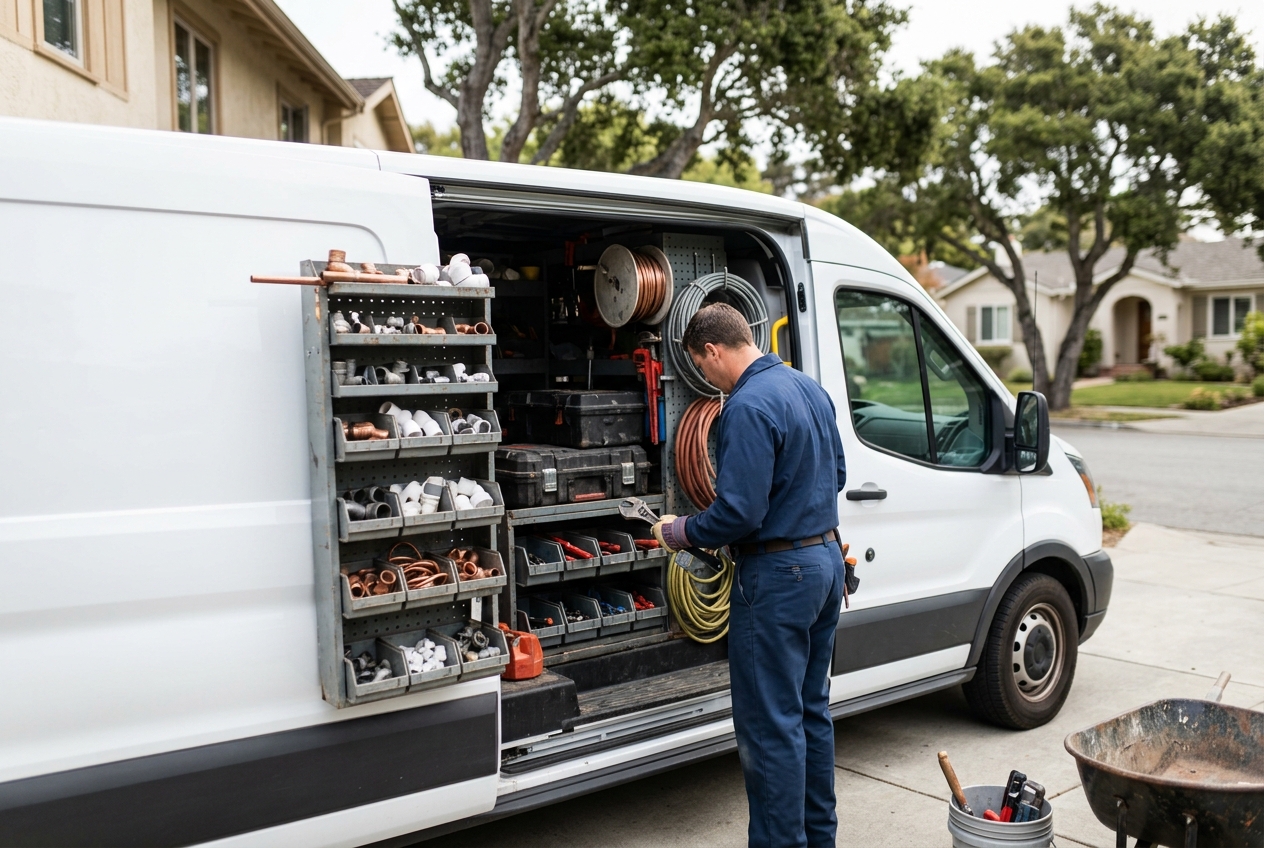 Stocked service vehicle ready for dispatch to a Monterey job
