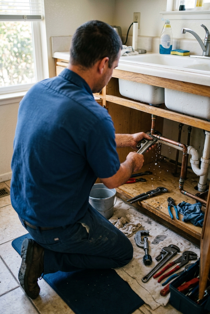 Licensed plumber at work on a Monterey service call
